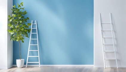 A tall ladder leaning against a color  wall ,abstract textured wall ,with minimal distractions large leave tree in white pot is beside ladder