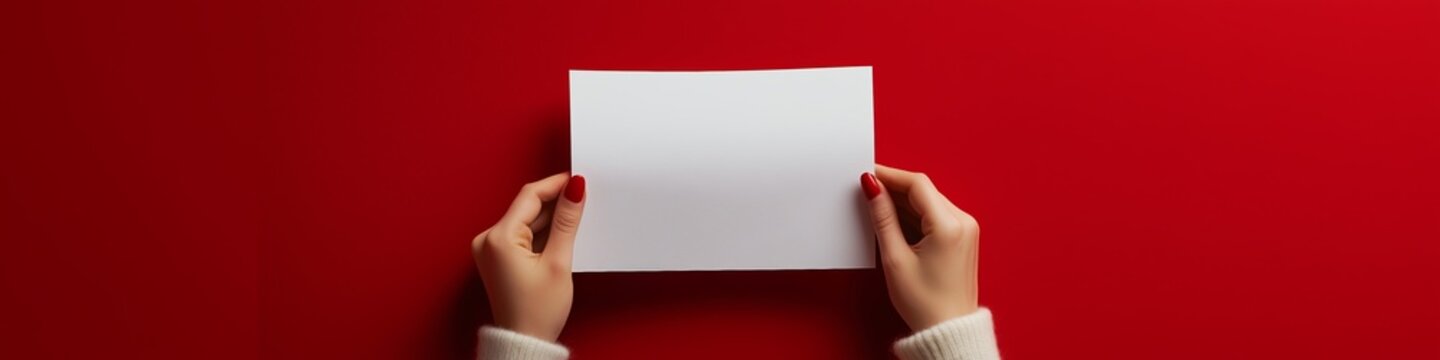 A person holding a white piece of paper on a red background. The paper is folded in half and the person is holding it up to the camera