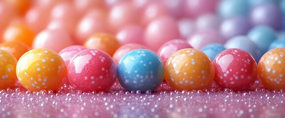 Closeup of pastel-colored gumballs with white speckles.