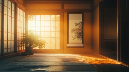 Fototapeta premium A simple but elegant Japanese scroll painting hanging in a tatami room, with sunlight filtering through shoji doors.