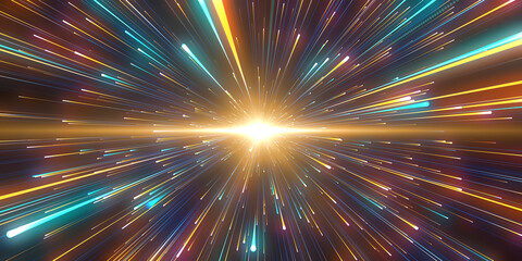 Fototapeta premium Bright radial light beams. Abstract background in blue and yellow neon glow color. Light burst in universe. Space background for event, party, carnival, celebration, anniversary or other. 3D rendering