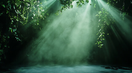 Stage with a spotlight highlighting deep green smoke, creating a lush, forest-like atmosphere