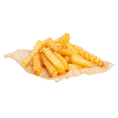 French fries ribbed on paper on empty background