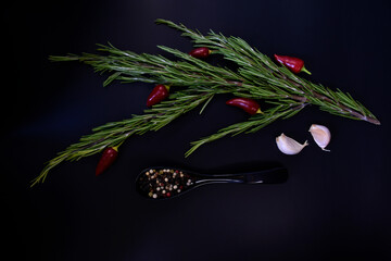 Fresh rosemary in the form of a bouquet with seasonings. Onion, pepper, garlic, bay leaf, salt....
