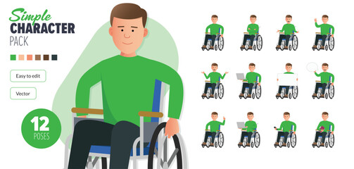 Simple flat 2d disabled male vector character in a wheelchair in a set of multiple poses. Easy to edit and isolated on a white background. Modern trendy style character mega pack with lot's of poses.	