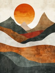 Abstract landscape featuring stylized mountains and a large orange sun, evoking a serene and warm atmosphere.