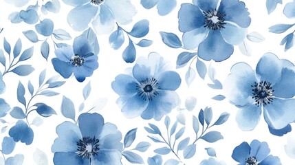 Obraz premium Blue watercolor flowers arranged in a seamless pattern on a white background, perfect for a soft and tranquil aesthetic