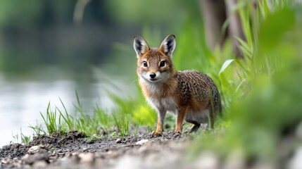 Charming Fox Cub by Water's Edge in Greenery