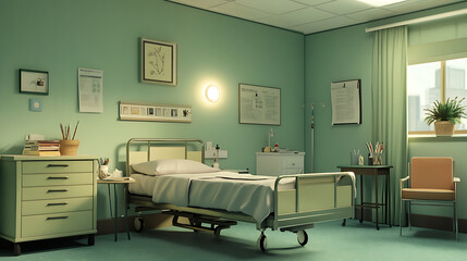 Charming background with a patient care area in a hospital, including bedside tables, medical charts, and comforting decor
