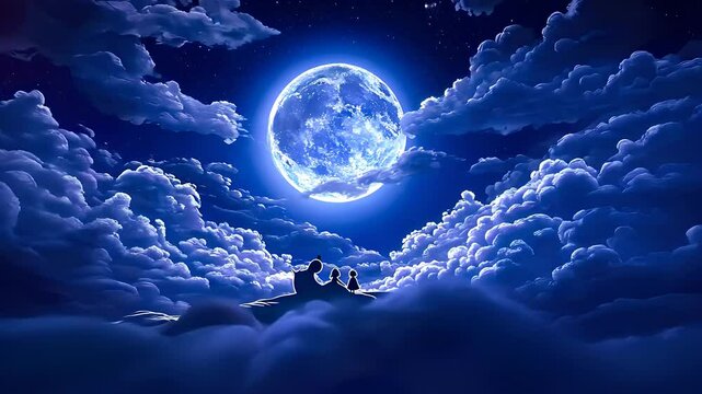 Full moon illuminating a serene night sky with glowing clouds, symbolizing tranquility, celestial beauty, and peaceful nightfall in a dreamlike scene.

