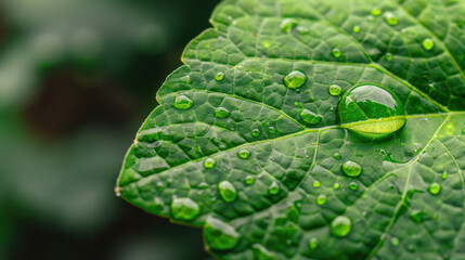 Lush Green Leaf with Dewdrop, showcasing the vibrant hues and freshness of nature, highlighting the intricate texture and delicate sheen of the leaf under gentle light