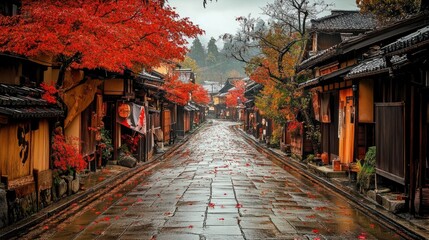 Obraz premium A traditional Japanese street during autumn, lined with maple trees and a gentle scattering of red leaves.