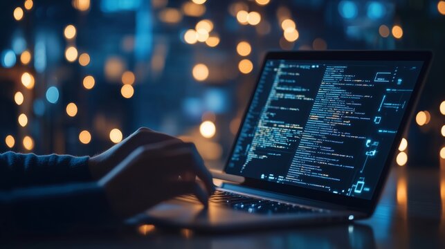 A person coding on a laptop with glowing lights in the background during a late-night session