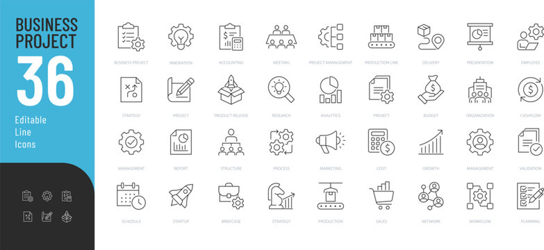 Business Project line Editable Icons set. Vector illustration in thin line modern style of business related icons: planning, strategy, accounting, and more. Isolated on white