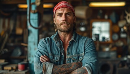 A bearded man in a bandana and denim shirt stands in a garage