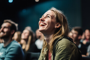 Blonde woman having fun in the audience of a comedy show