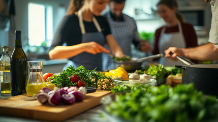 Naklejka premium Individuals participating in a cooking demonstration with a focus on healthy recipes and meal preparation