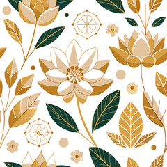 Design a seamless pattern with geometric floral illustrations in gold and white