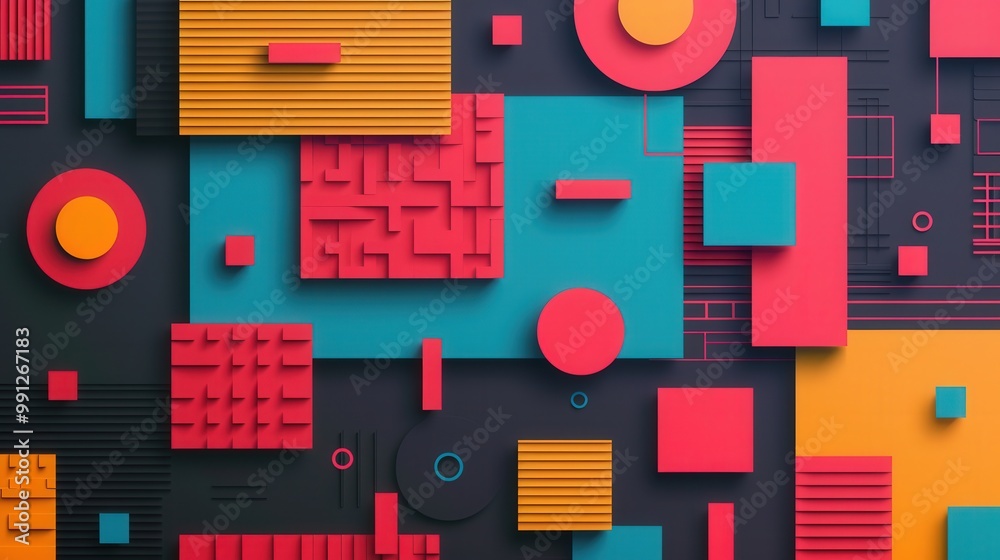Wall mural futuristic abstract patterns in 3d layered design, a vibrant exploration of geometric shapes and col