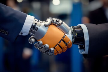 Poign&eacute;e de main entre deux bras robotis&eacute; en milieu professionnel