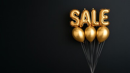 Golden balloons spelling SALE on a vibrant black backdrop, eye-catching retail promotion, enticing discounts, engaging marketing offer for social media campaigns.
