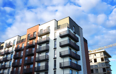 Modern facade building. Skyscraper facade. Modern High rise residential facade. Windows of Skyscraper. Architecture building exterior, window house block. Building construction.