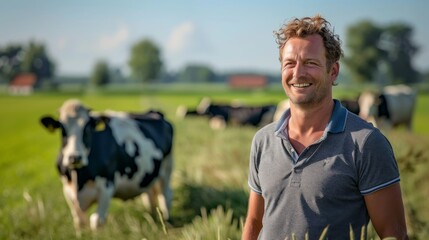 Young Dutch farmer smiling standing in the meadow with his cows