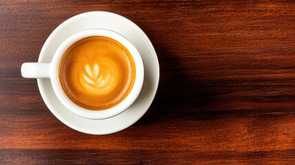 Obraz premium Close-up view of a beautifully crafted latte art in a white coffee cup on a wooden table
