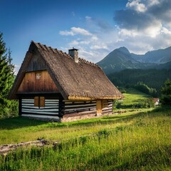 Traditional Thatched Roof House in Idyllic Mountain Landscape