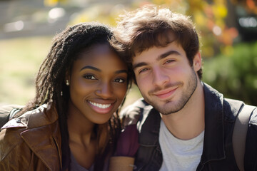 Fototapeta premium Interracial couple, black woman and white man, smiling at the camera outside