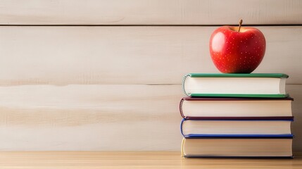 Scholarly Setup, a neat stack of colorful books alongside a shiny red apple resting on a rustic wooden desk, inviting students to embrace learning and creativity.
