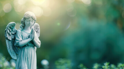 Angel statue in prayer surrounded by lush greenery, serene and tranquil atmosphere, ideal for peaceful reflections or spiritual themes, ample space for additional text or imagery