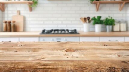 Rustic Wooden Table in Modern Farmhouse Kitchen, a charming blend of rustic elegance, featuring a warm wooden surface amidst a softly blurred contemporary kitchen backdrop