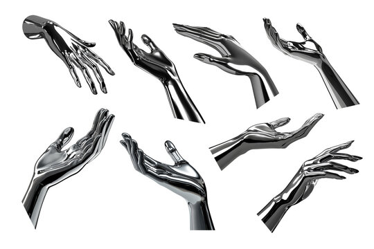 3D Chrome metal woman hands hold position. Futuristic glossy silver hands reaching out, palm up presenting product. Ai generated
