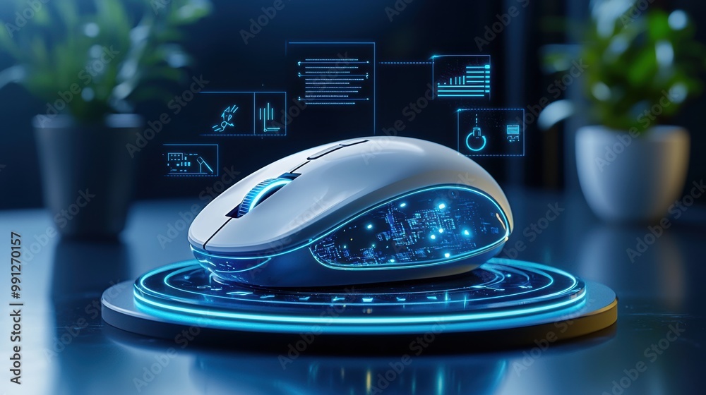 Poster futuristic computer mouse with digital interface