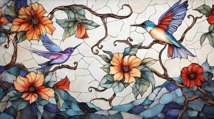 Fototapeta premium A dynamic Art Nouveau mural depicting flowing vines, birds, and flowers in a harmonious blend