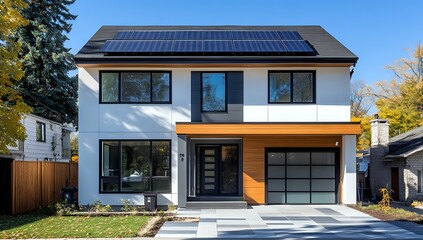 Fototapeta premium Modern house with solar panels on the roof.