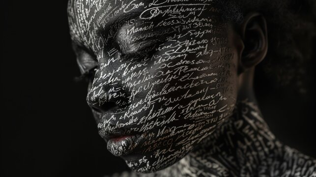 A closeup shows a womans face covered in writings and inscriptions