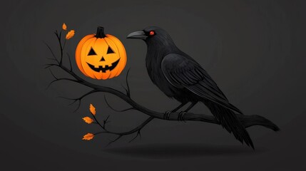 Fototapeta premium A raven perched on a branch with a carved pumpkin, set against a dark background.