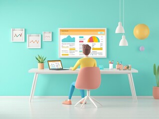 Digital marketer optimizing a retargeting campaign, ad performance dashboard, 3D illustration