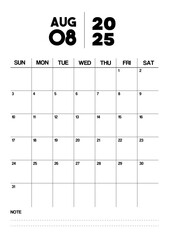 Printable Monthly Calendar Template for August 2025. Minimalist Style Calendar in Portrait Format. Week Starts on Sunday. Calendar Planner for 2025 year.