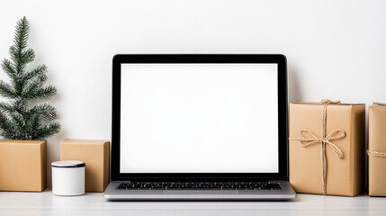 Fototapeta premium Festive Computer Workspace with Holiday Gifts and Desk Decorations.