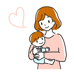 Line drawing illustration of a happy mother holding her infant with a smile.