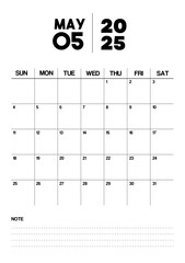 Printable Monthly Calendar Template for May 2025. Minimalist Style Calendar in Portrait Format. Week Starts on Sunday. Calendar Planner for 2025 year.