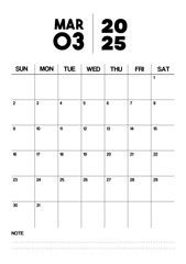 Printable Monthly Calendar Template for March 2025. Minimalist Style Calendar in Portrait Format. Week Starts on Sunday. Calendar Planner for 2025 year.