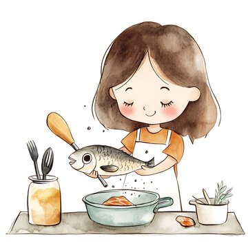 girl preparing fish watercolor style clip art preview