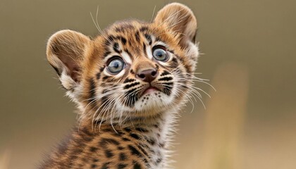 Obraz premium Cute adorable cub with wide eyes looking up, cute, innocent and small in a natural setting, no blur, photo not dark, everything is clear, copy space