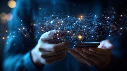 Fototapeta premium A person interacts with a smartphone while surrounded by digital network connections at night