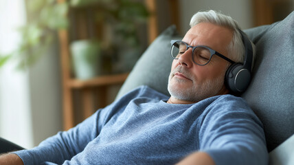Senior Man Relaxing with Headphones and Glasses