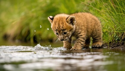 Fototapeta premium Innocent playful cub discovering a stream, innocent, curious and playful in nature, no blur, photo not dark, everything is clear, copy space